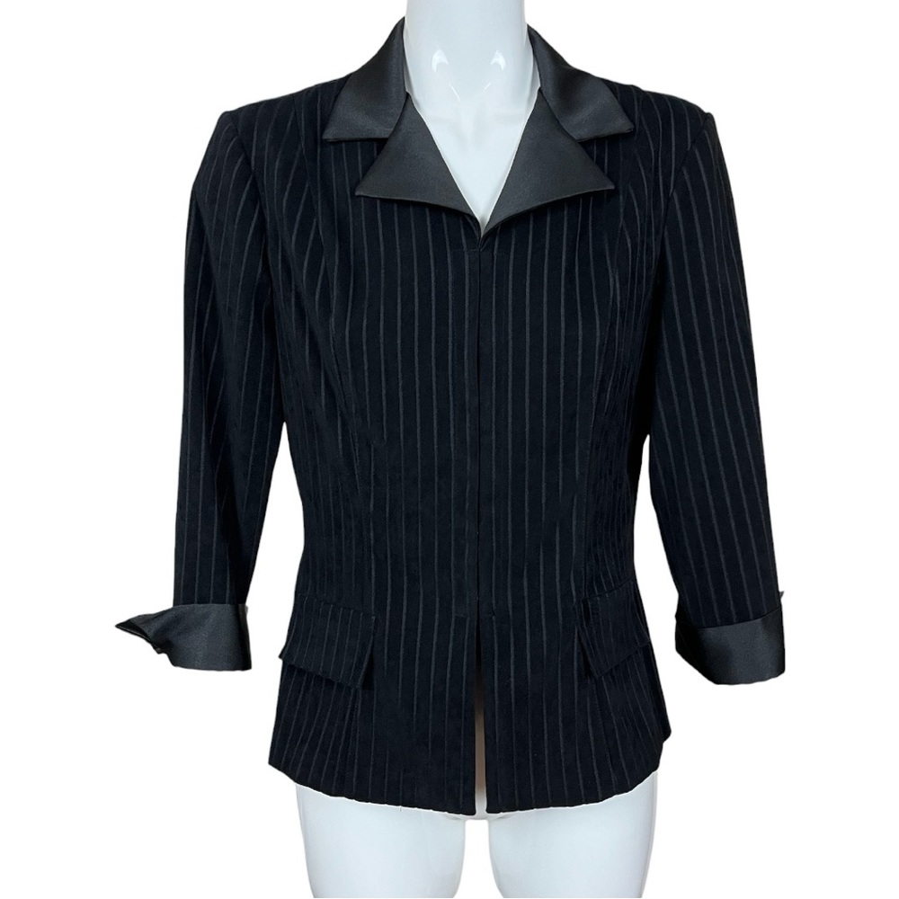 Suits Us Black Pinstripe Velour Jacket with Satin Lapel and Cuffs Size 11/12